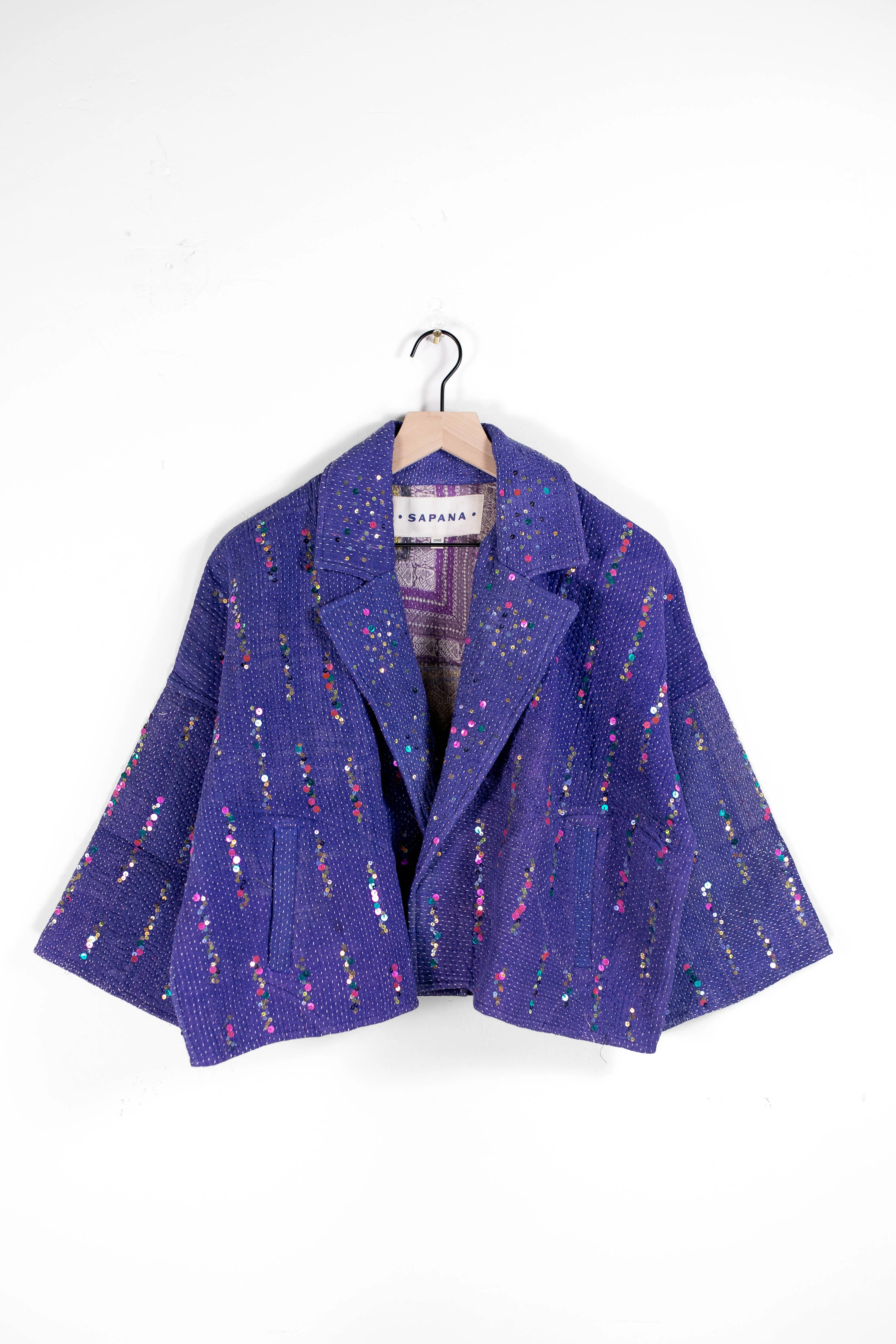 Tara Crop Jacket – Vintage Kantha Blanket Coat with Bell Sleeve & Sequin Detail | Sapana | Sapana