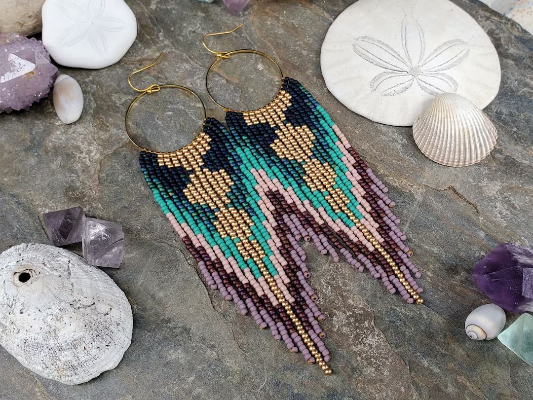 Beaded Fringe Earrings on Gold Hoops 'mermaid'. Part of the 'mythical Creatures' Collection. - Et... | Etsy (US)