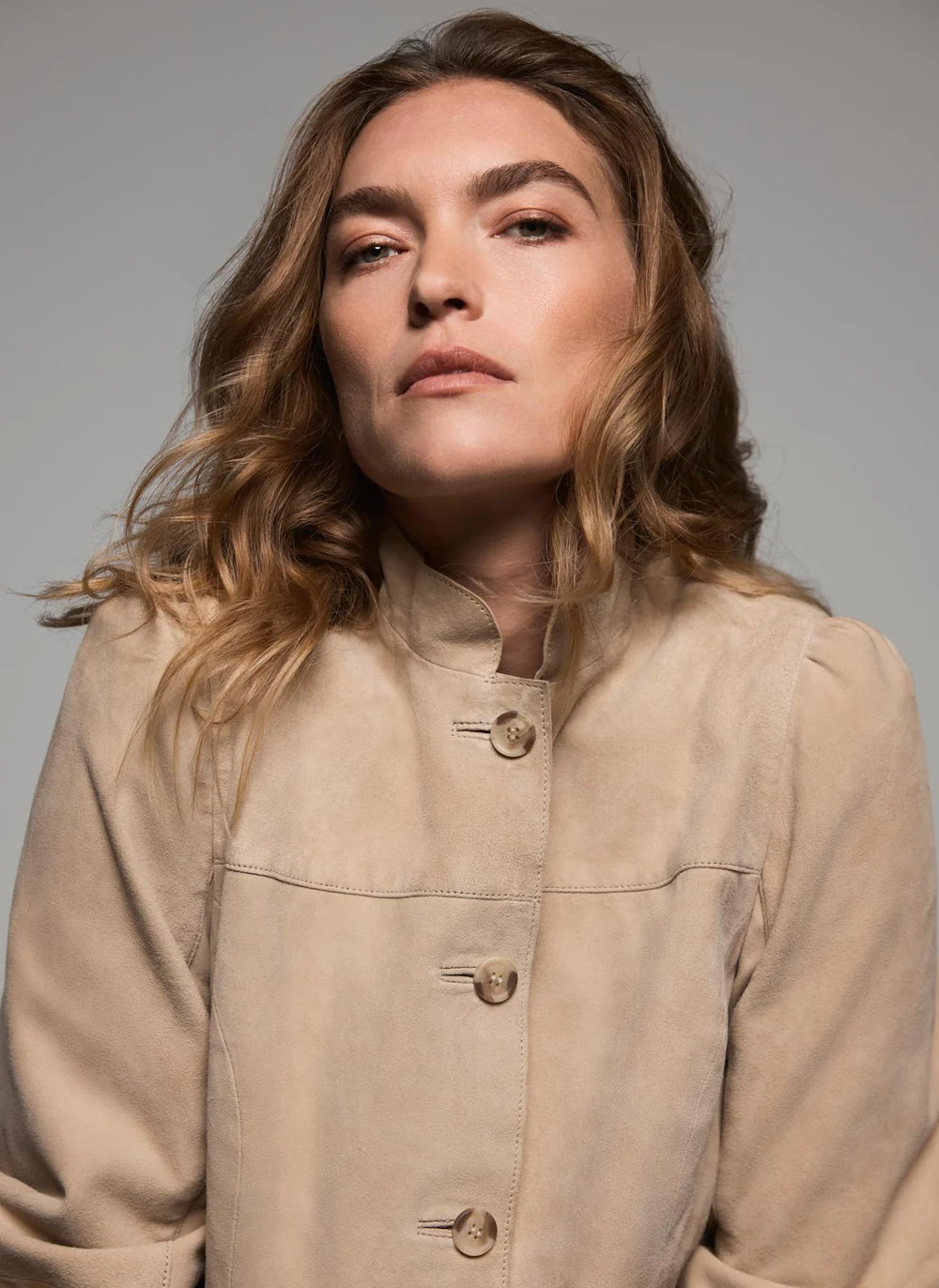 Neutral Suede Puff Sleeve Jacket | Mint Velvet