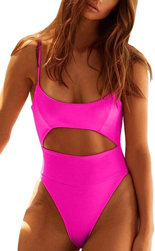 QINSEN Womens Scoop Neck Cutout Front Ruched Back High Cut Monokini One Piece Swimsuit | Amazon (US)
