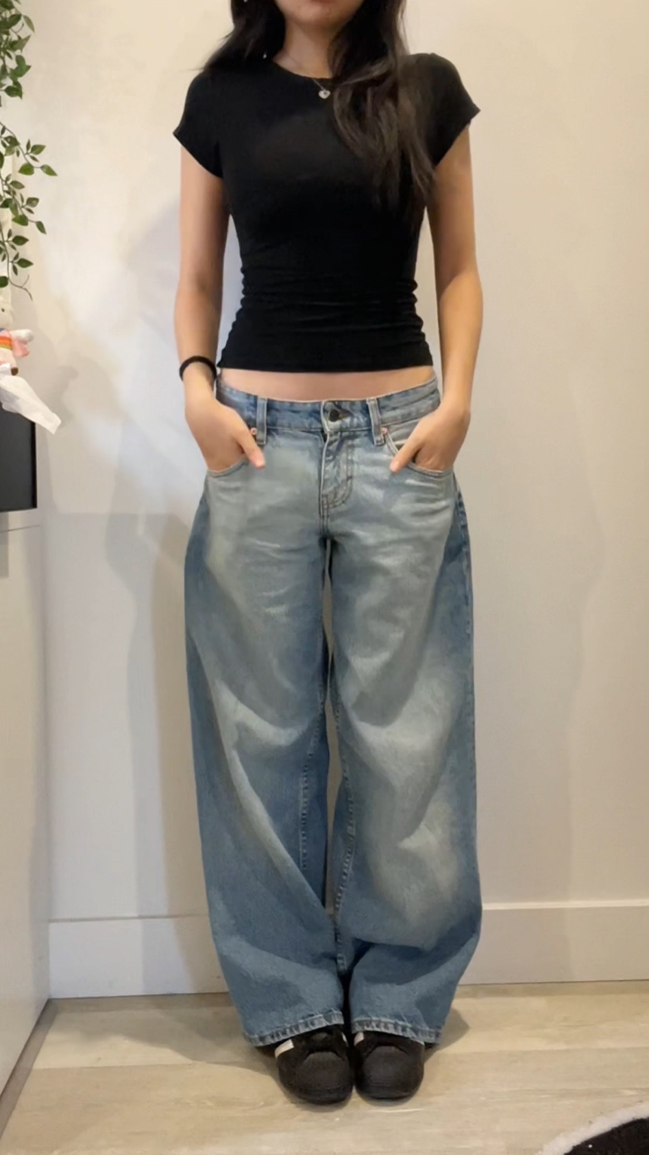 sorry i can’t put the items but i’ll put the details here: 

jeans from motel rocks: low rise roomy in vintage bleach (W24 L30)
top from white fox: too blessed tee black (xxs)