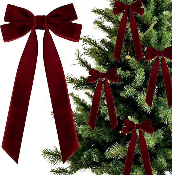 Set of 6 Burgundy Velvet Bows for Christmas Tree, 5'' x 10'' Big Bow Ornaments for Tree, Large Ma... | Amazon (US)