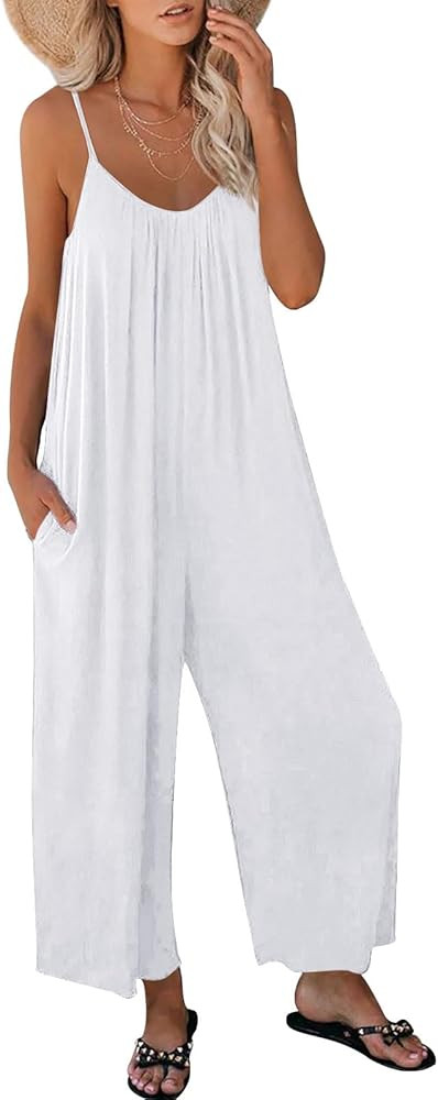 AUTOMET Jumpsuits for Women Loose Casual Sleeveless Adjustable Spaghetti Strap Stretchy Wide Leg ... | Amazon (US)