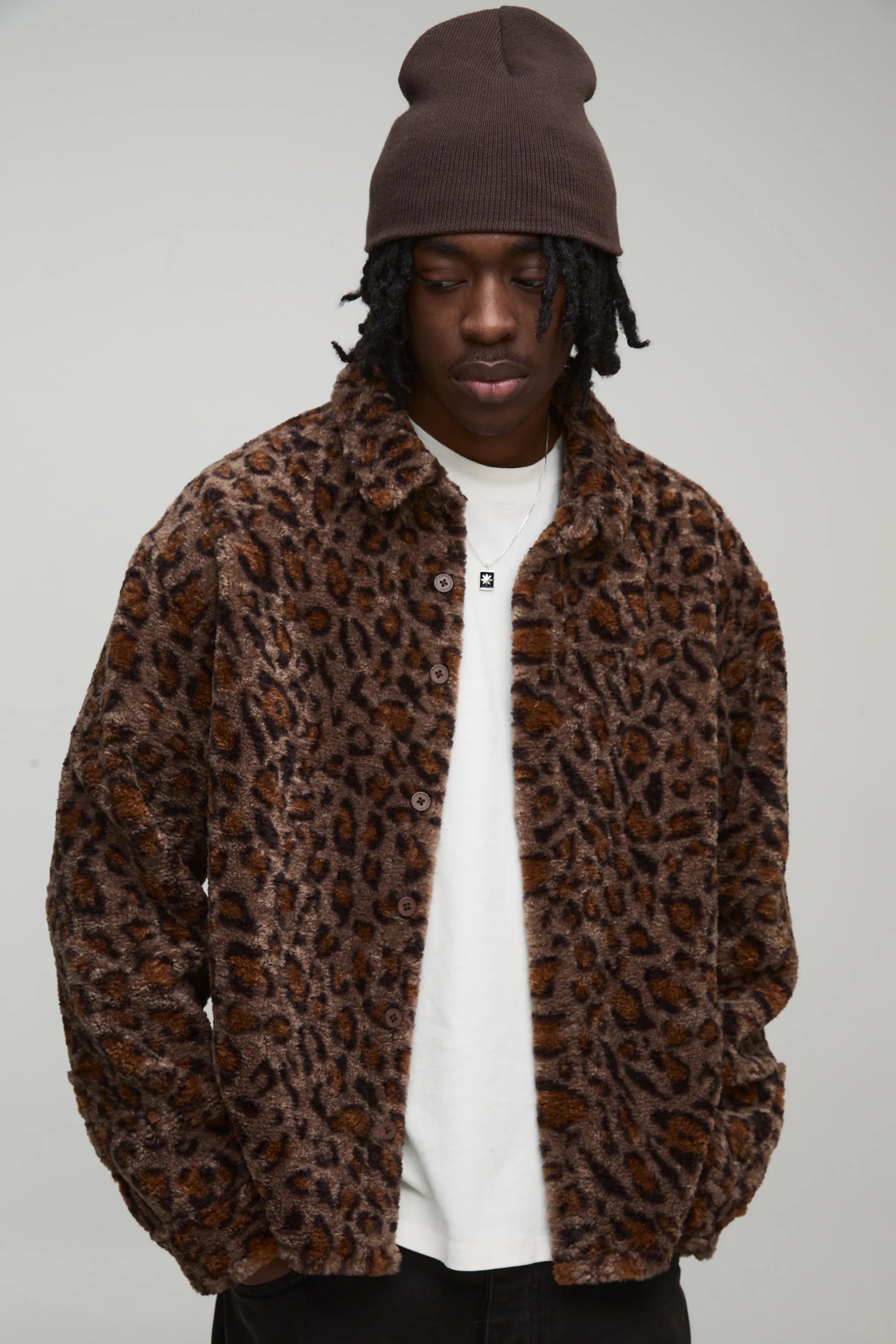 Oversized Leopard Borg Overshirt | boohooMAN (US & Canada)