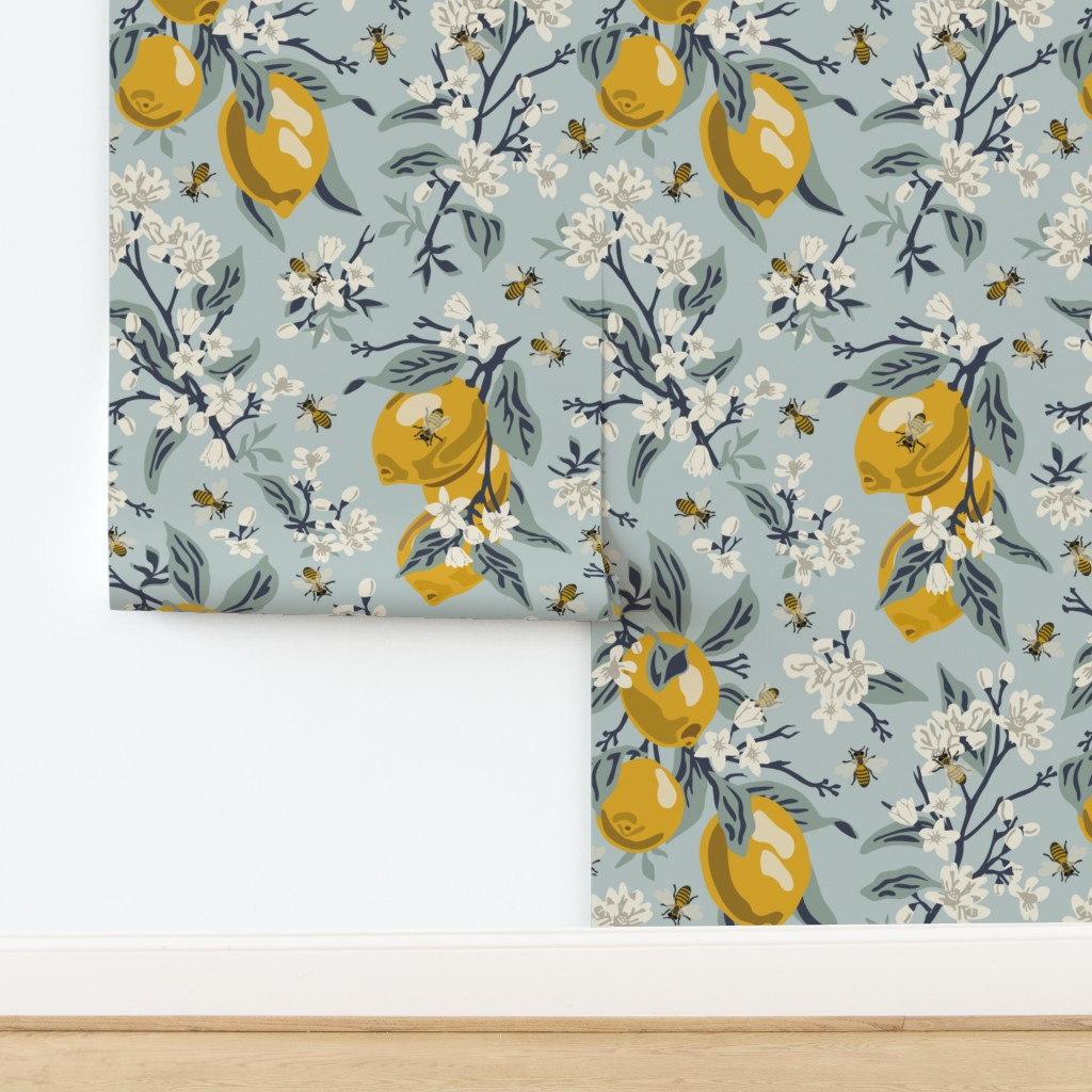 Bees & Lemons - Large - Blue (original colors) Wallpaper | Spoonflower | Spoonflower