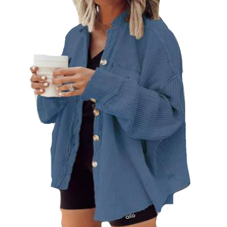 Women's Casual Flannel Jacket Button Down Dolman Sleeve Waffle Knit Corduroy Shirt Shacket Coats | Walmart (US)