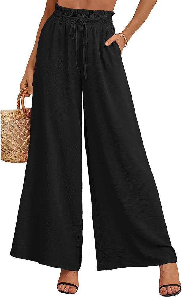 Heymoments Women's Wide Leg Dress Pants with Pockets Black Small Lightweight Elastic High Waisted... | Amazon (US)