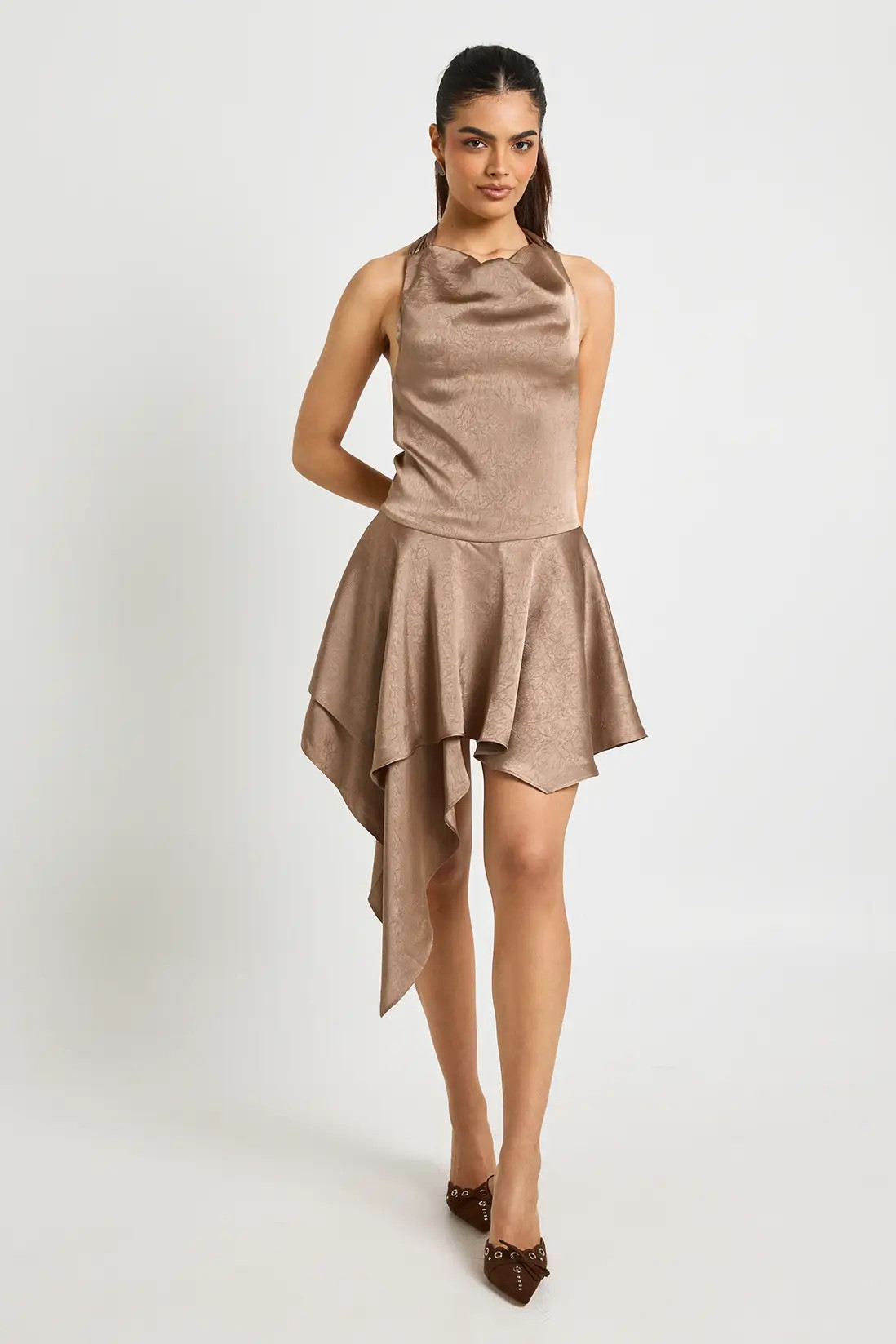 Textured Satin Cowl Neck Mini Dress | boohoo (US & Canada)