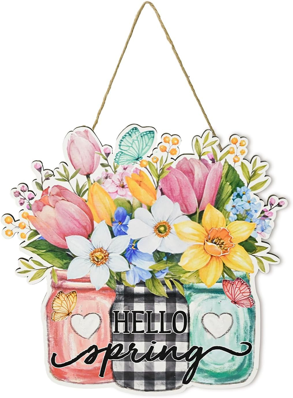 Smile Spring Wooden Wall Hanging, Mugs Fresh Flowers Floral, Wreaths Decor for Hanging Decoration... | Amazon (US)