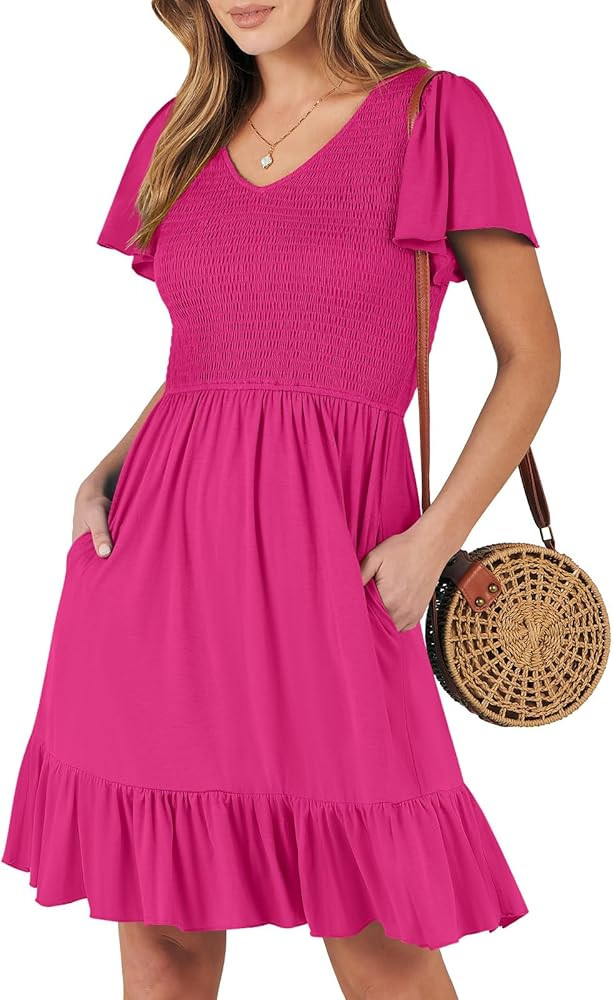 ANRABESS Women's Summer Casual Beach Mini Dress Smocked V Neck Flutter Sleeve Cute Boho Short Dre... | Amazon (US)