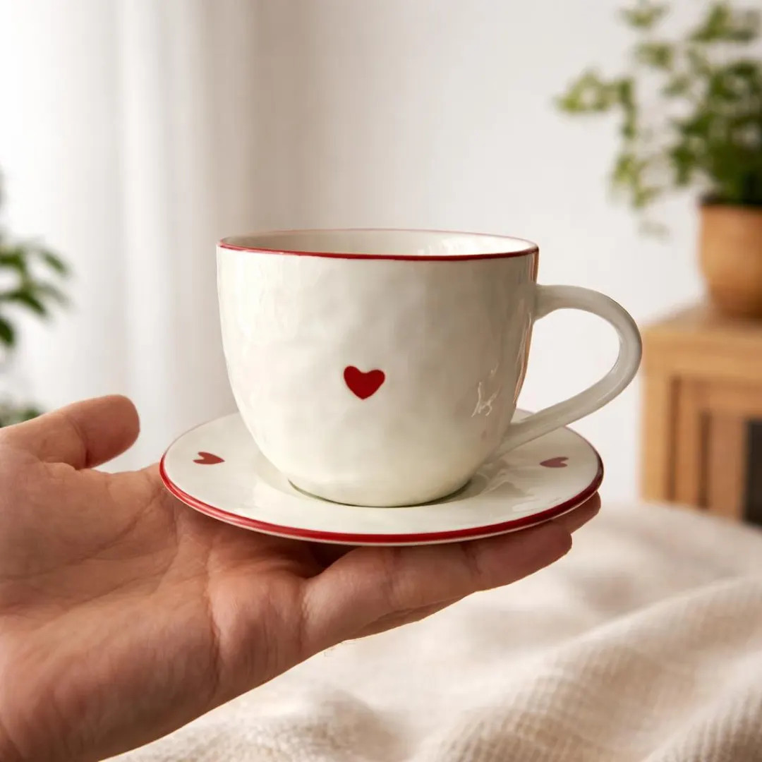 Valentine Mug, Heart Coffee Mug With Saucer, Ceramic Love Cup, Valentine’s Day Gift, Cute Roman... | Etsy (US)