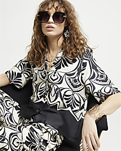Black geometric short sleeve shirt | River Island (UK & IE)