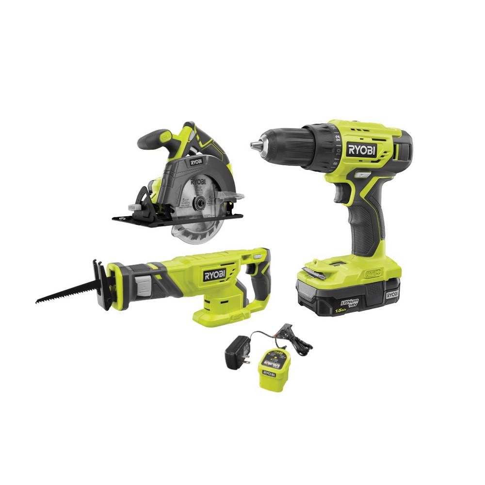 RYOBI 18V ONE+ Lithium-Ion Cordless Combo Kit (3-Tool) with (1) 1.5 Ah Battery and Charger-PCK100... | The Home Depot