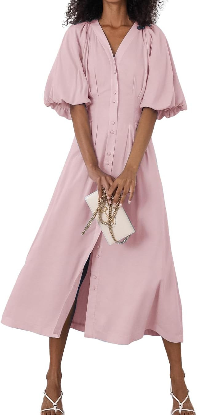 chouyatou Women Summer Puff Sleeve Button Down Shirt Dress Flowy Elegant Business Casual Midi Lon... | Amazon (US)