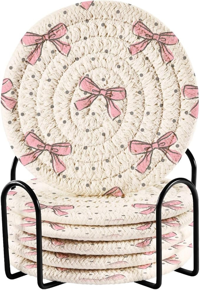 Kigai Pink Bow Coasters for Drinks with Holder 3.9 Inch Absorbent Heat-Resistant Cotton Woven Coa... | Amazon (US)