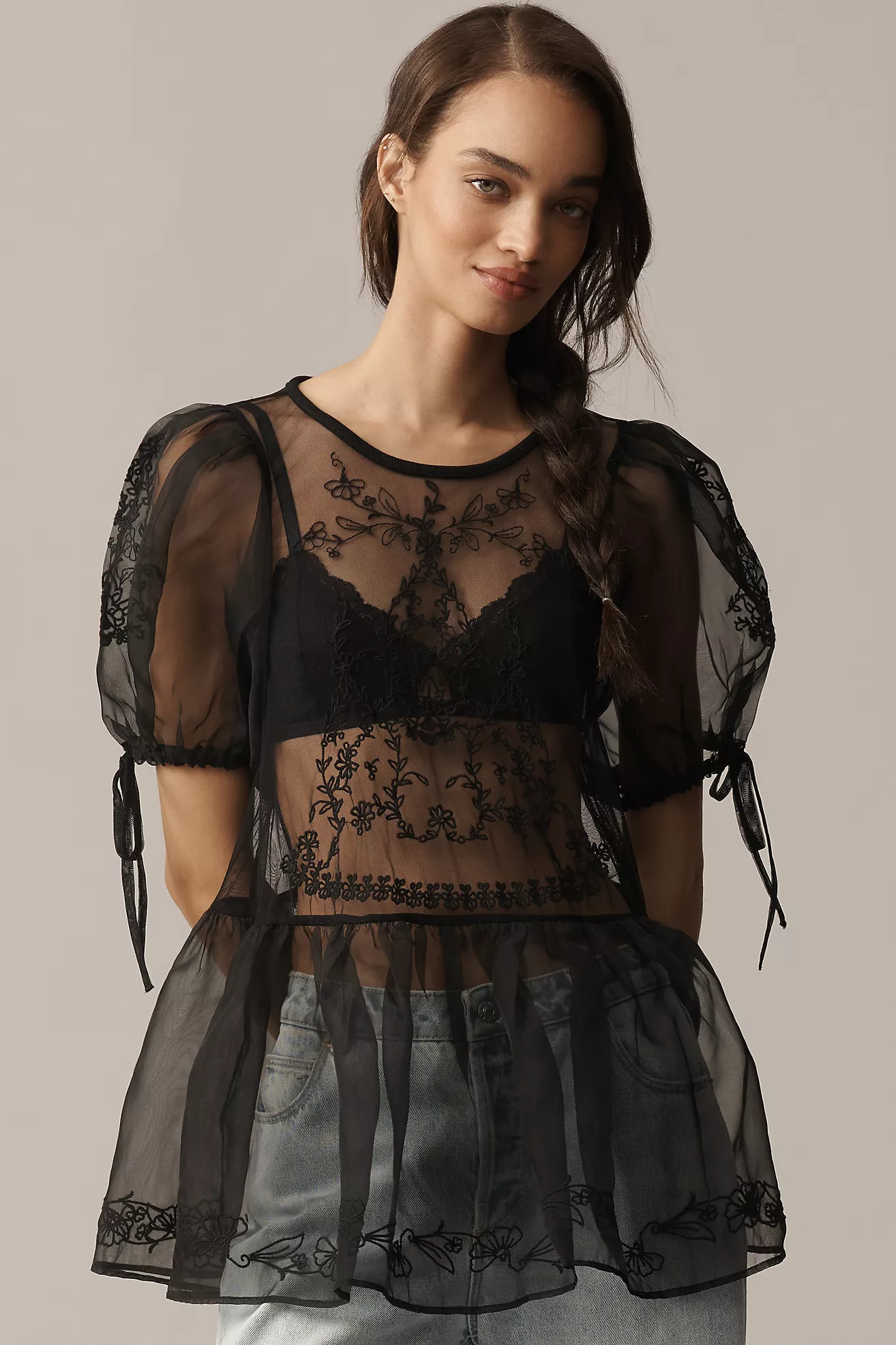 By Anthropologie Sheer Lace Peplum Blouse | Anthropologie (US)