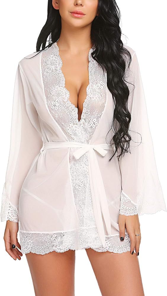 Women Lace Kimono Robe Babydoll Sexy Lingerie Mesh Chemise Nightgown Cover Up | Amazon (US)