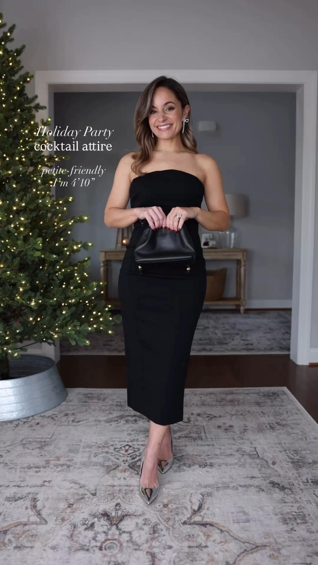 Cocktail attire holiday party outfits! 

Black dress (Spanx): xs - built in shaping, true to size with a little bit of extra room at the chest (I’m a 32B). Grips at the top of the dress hold it up. 15% off with PUMPSXSPANX 
Shoes: sold out unfortunately 

Jumpsuit (BR Factory): petite xxs - true to size with stretch. 

Red dress (Ann Taylor): petite 00 - true to size, no stretch 
Coat (J.Crew): petite 00 - true to size, unlined. 

My measurements for reference: I’m 4’10” and 105lbs. My bust, waist, and hip measurement is 32”, 24”, and 36”.

#LTKHoliday #LTKPetite