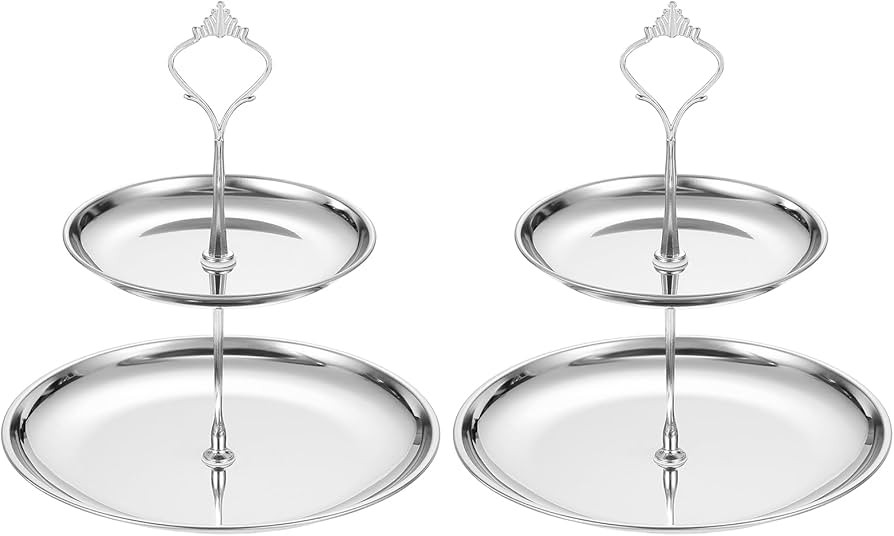 uxcell 2 Sets 2-Tier Cupcake Stand Holder, Round Tiered Serving Tray Stainless Steel Cup Cake Sta... | Amazon (US)