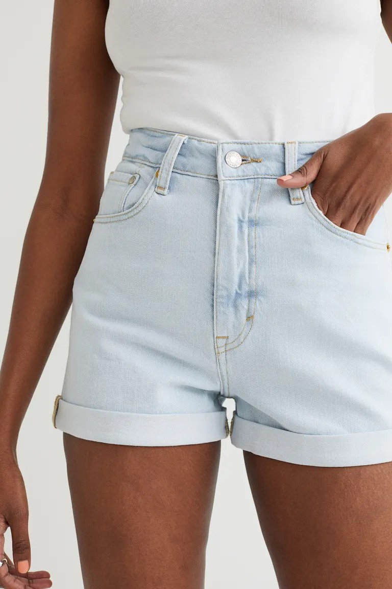 Conscious choice  5-pocket shorts in washed cotton denim. Extra-high waist, zip fly with button, ... | H&M (US + CA)