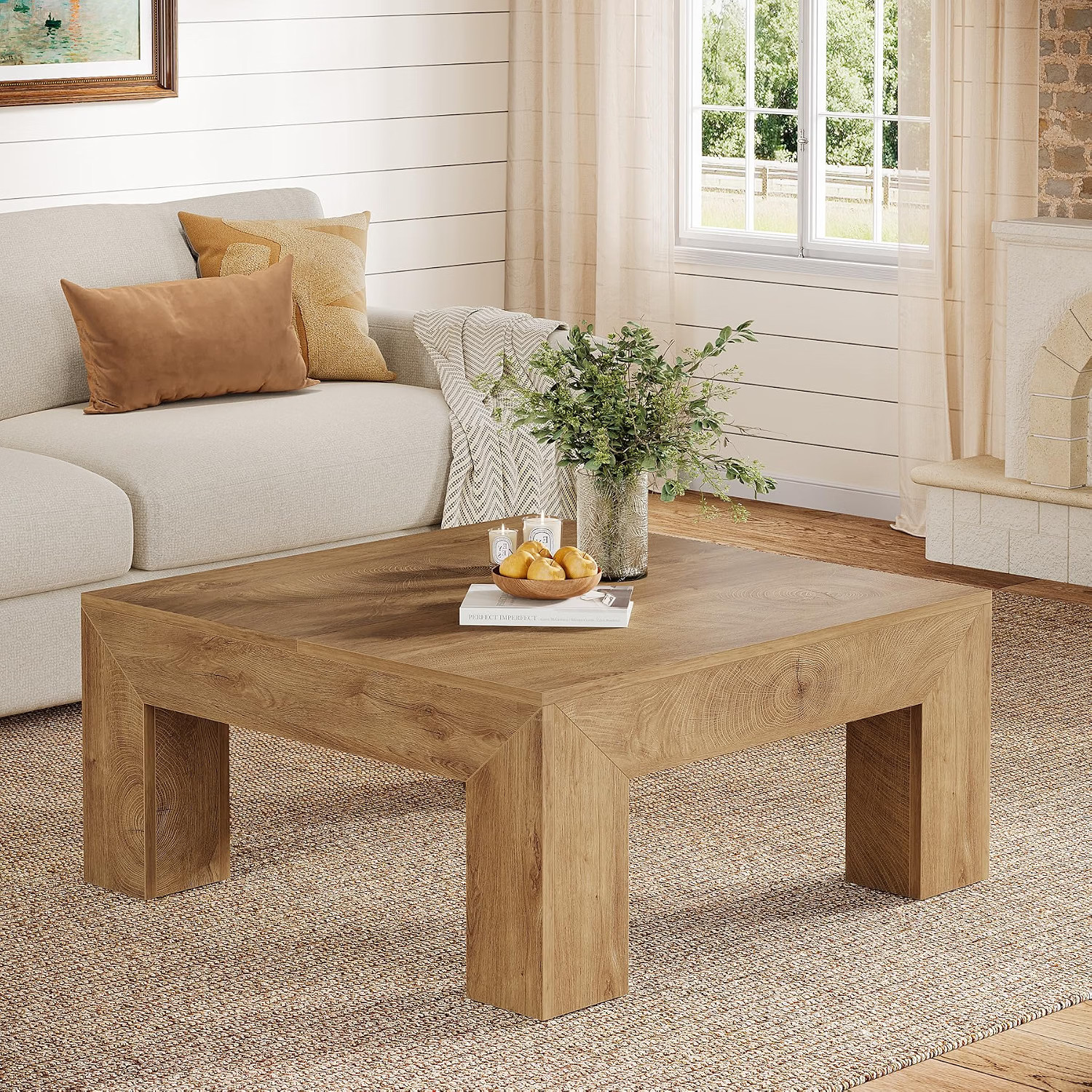 Tribesigns Farmhouse Square Coffee Table for Living Room, 39.37-Inch Low Large Center Tea Accent Table with Sturdy Legs, Easy Assembly (Light Brown) | Amazon (US)
