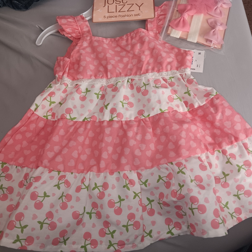Girls Size 12 Month, Just Lizzy Pink and White Cherry Dress With Hair Accessorie | Poshmark