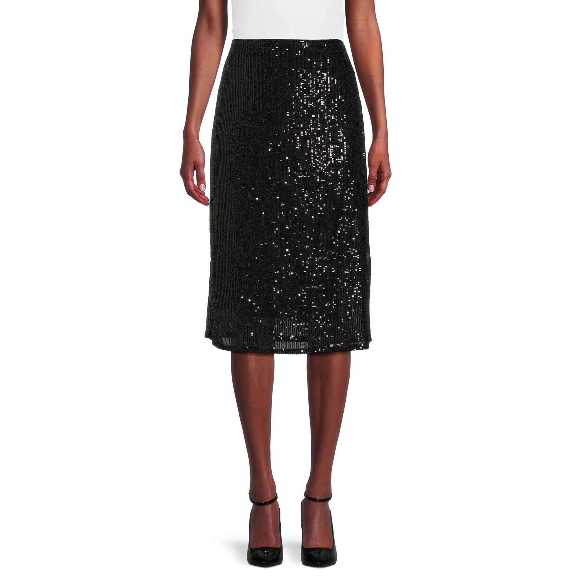 Time and Tru Women's Sequin Pull On Skirt with Side Slit, Sizes XS-XXXL | Walmart (US)