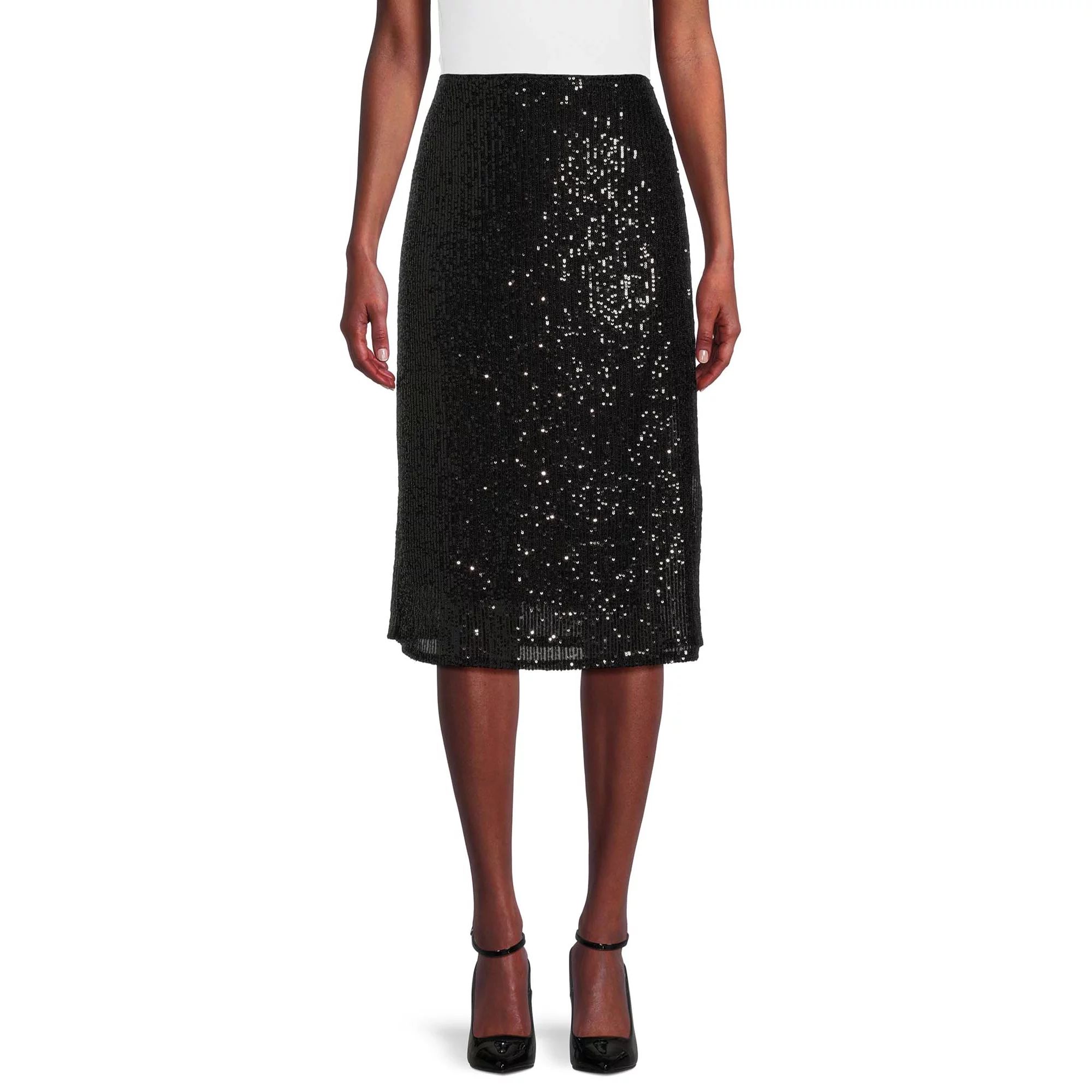 Time and Tru Women's Sequin Pull On Skirt with Side Slit, Sizes XS-XXXL | Walmart (US)