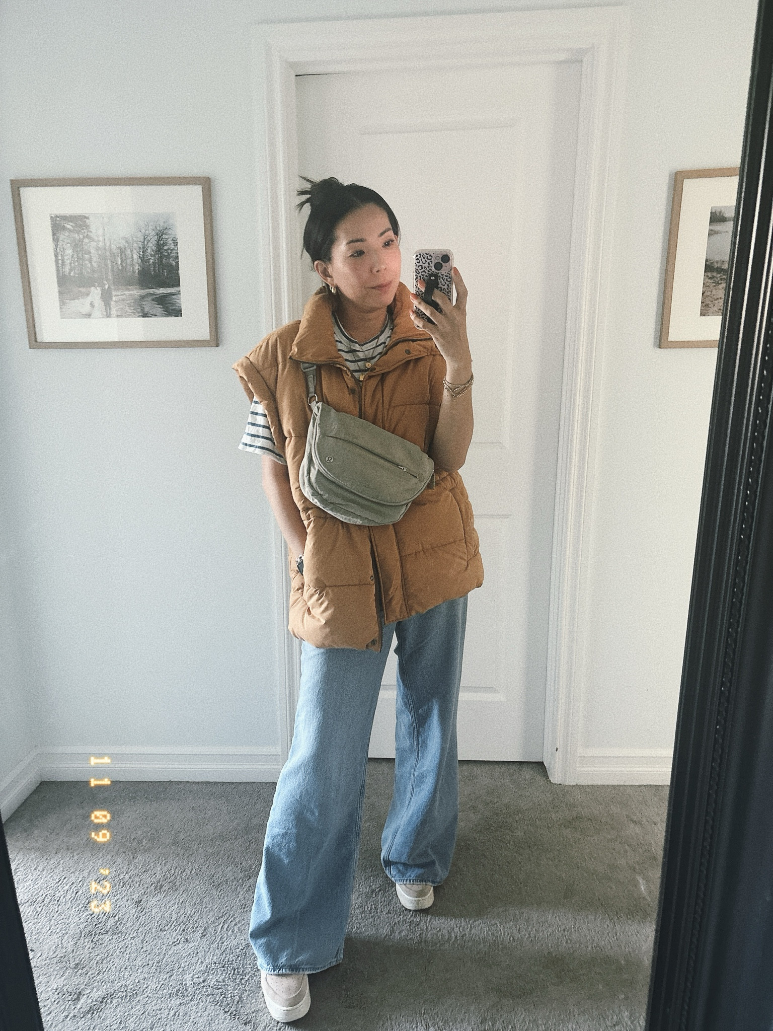 Stripe oversized t shirt
Oversized puffer vest 
Wideleg jeans all TTS

#LTKsalealert #LTKover40