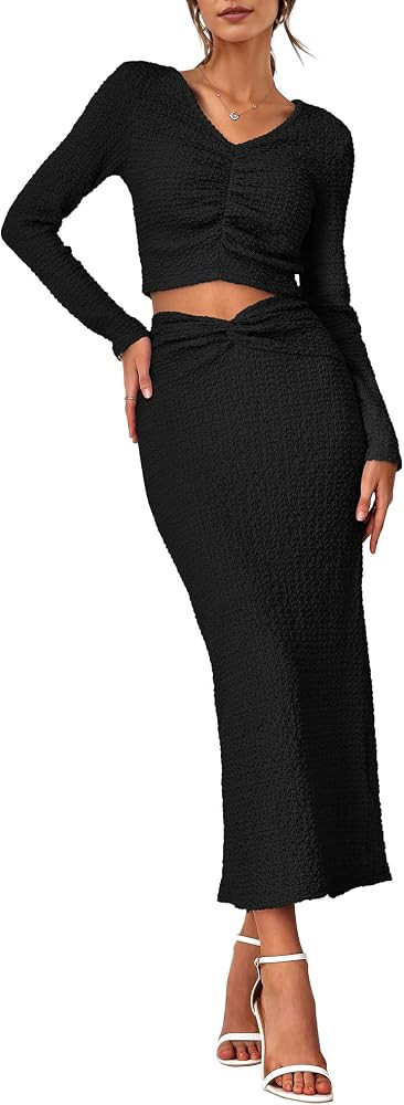 BTFBM Women's 2 Piece Fall Outfits V Neck Crop Tops Causal Long Sleeve Ruched Dress Split Bodycon... | Amazon (US)