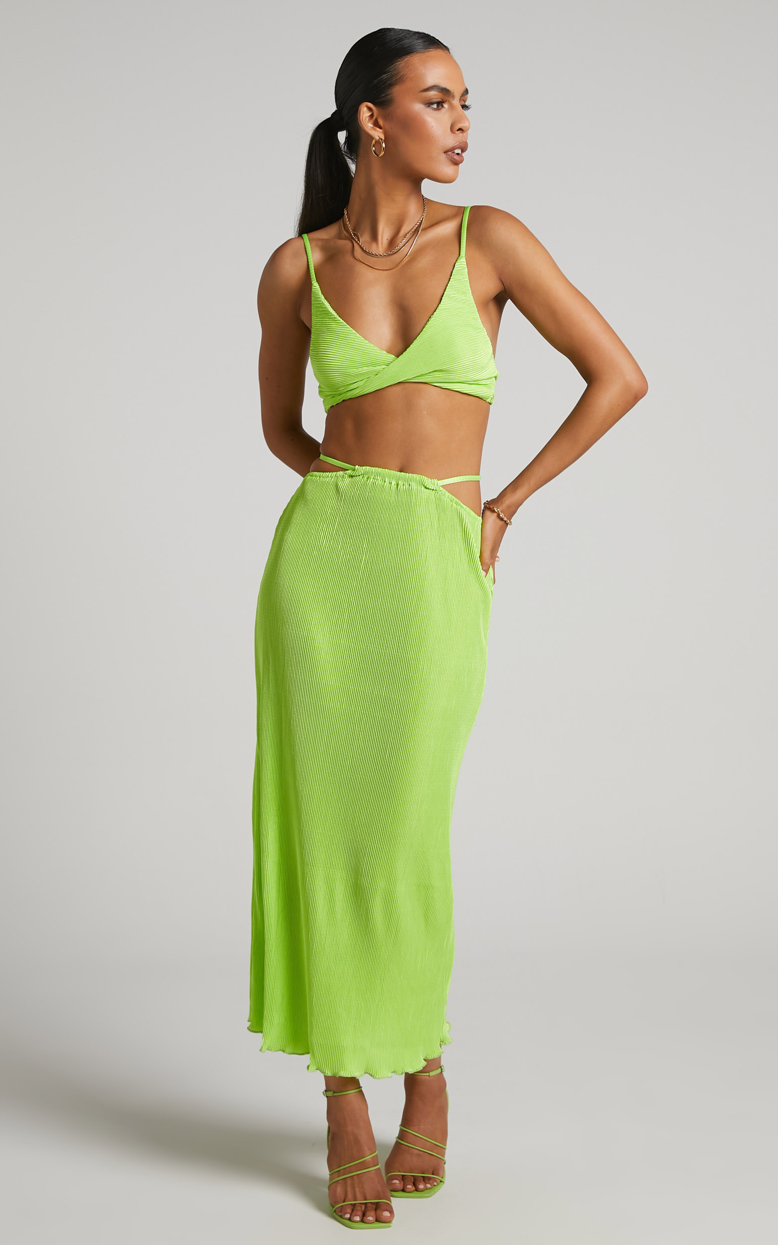 Elowen Two Piece Set - Plisse Twist Front Crop Top and Midi Skirt in Lime | Showpo (US, UK & Europe)