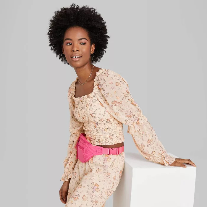 Women's Floral Print Long Sleeve Square Neck Smocked Top - Wild Fable™ Ivory | Target