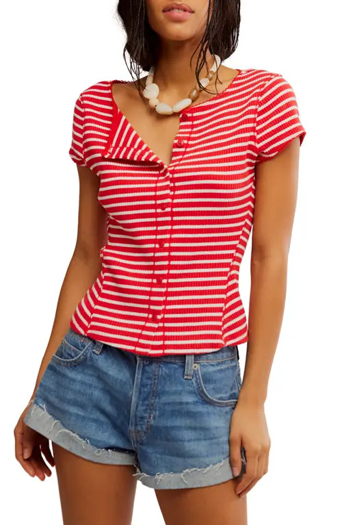 Free People Most Wanted Stripe Rib Cardigan in Red/white Stripe at Nordstrom, Size X-Large | Nordstrom