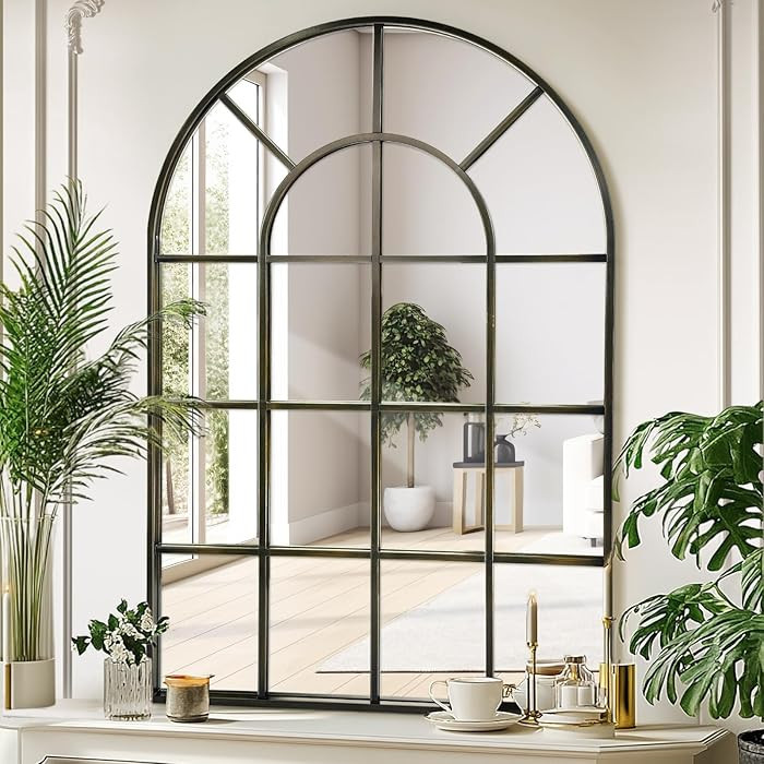 60x90 cm Arched Window Mirror Bronze Aluminum Frame Windowpane Wall Mirror for Indoor Living Room... | Amazon (UK)