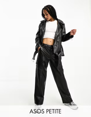 ASOS DESIGN Petite oversized leather biker jacket in black | ASOS (Global)