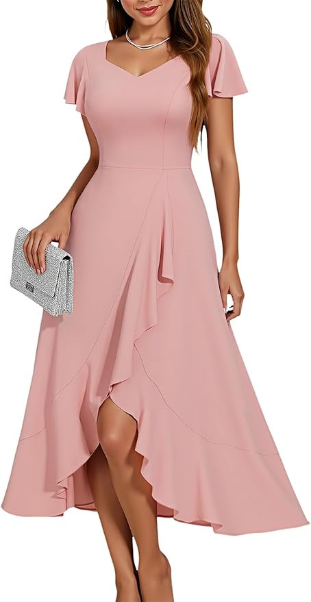 HomRain V Neck Formal Wedding Guest Dresses for Women Ruffle Sleeves for Cocktail Graduation Mode... | Amazon (US)