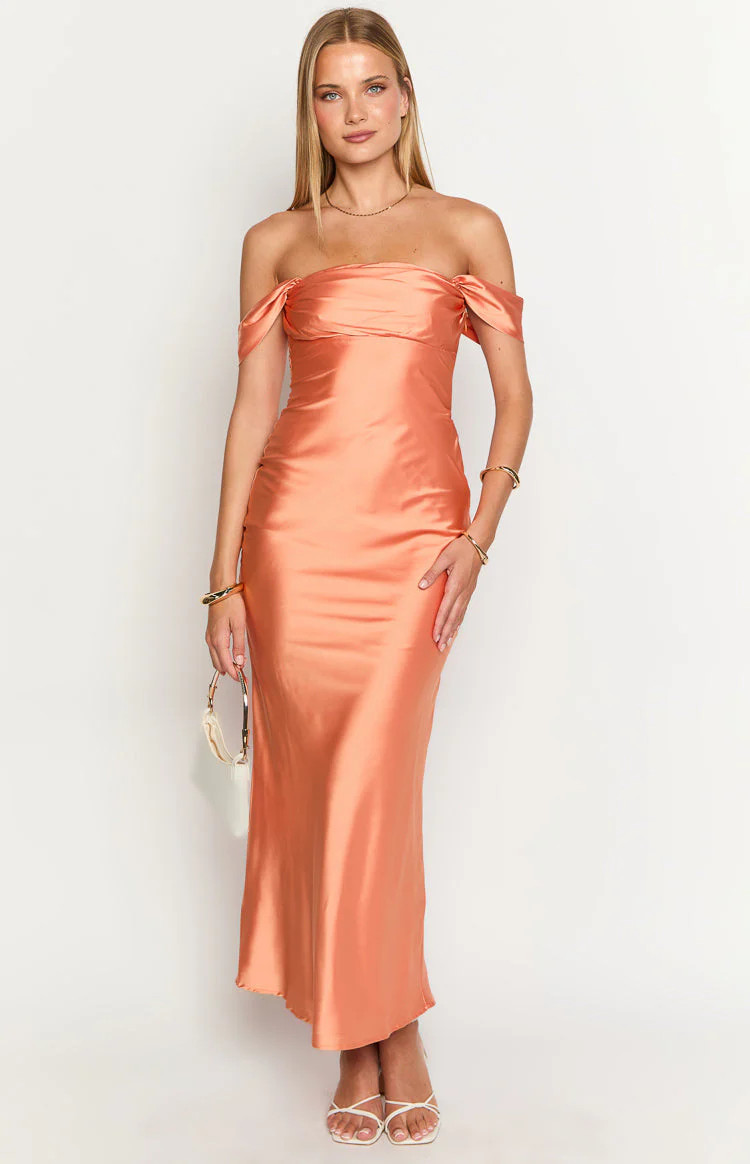 Ella Orange Off Shoulder Formal Dress | Beginning Boutique (US)