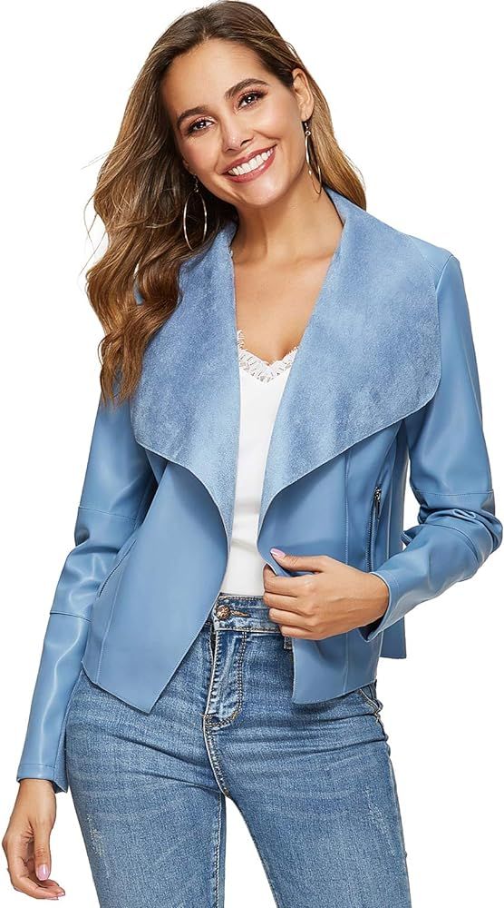 Escalier Women's Faux Leather Jackets Slim Open Front Lapel Blazer Jackets | Amazon (US)