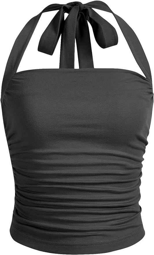 SOLY HUX Women's Ruched Halter Y2K Crop Tops Tie Back Sleeveless Slim Fit Cami Tops | Amazon (US)