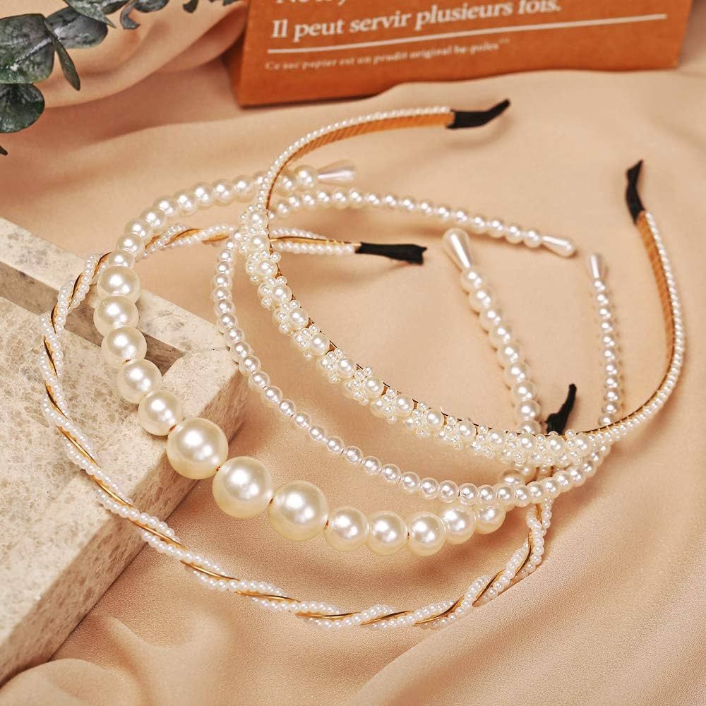 BEAYFILY 4 Pack Pearls Fashion Headbands,White Artificial Pearl Rhinestones Hairbands,Bridal Hair... | Amazon (US)