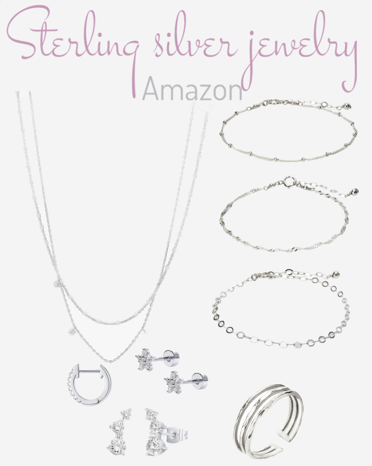 Sterling silver, (most available in white or gold plated) jewelry from Amazon! 🤍 I’ve had the small Huggies  for 3 years now and they never tarnish in salt water + showers + pools ✨