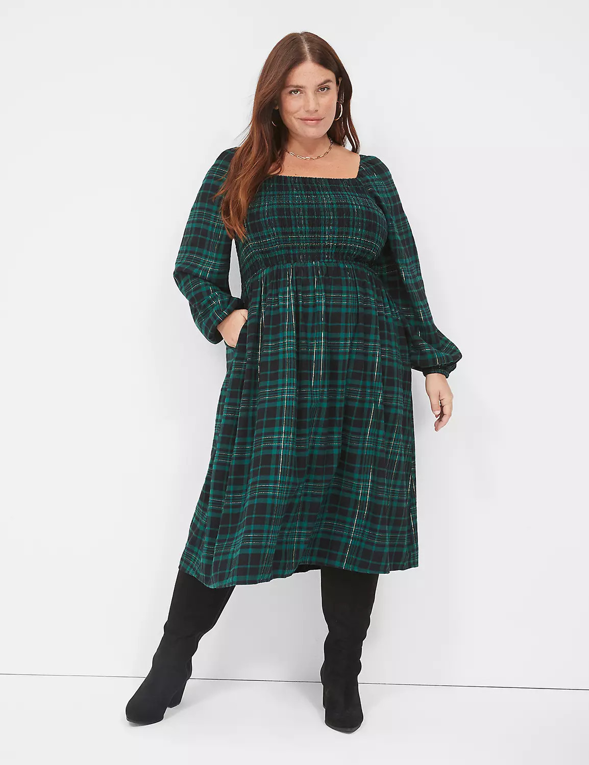 Lurex Square-Neck Smocked Midi Dress | LaneBryant | Lane Bryant (US)