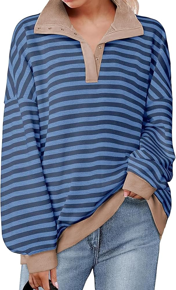 Oversized Sweatshirt for Women Long Sleeve V Neck Striped Shirts Pullover Tops Vintage Preppy Clo... | Amazon (US)