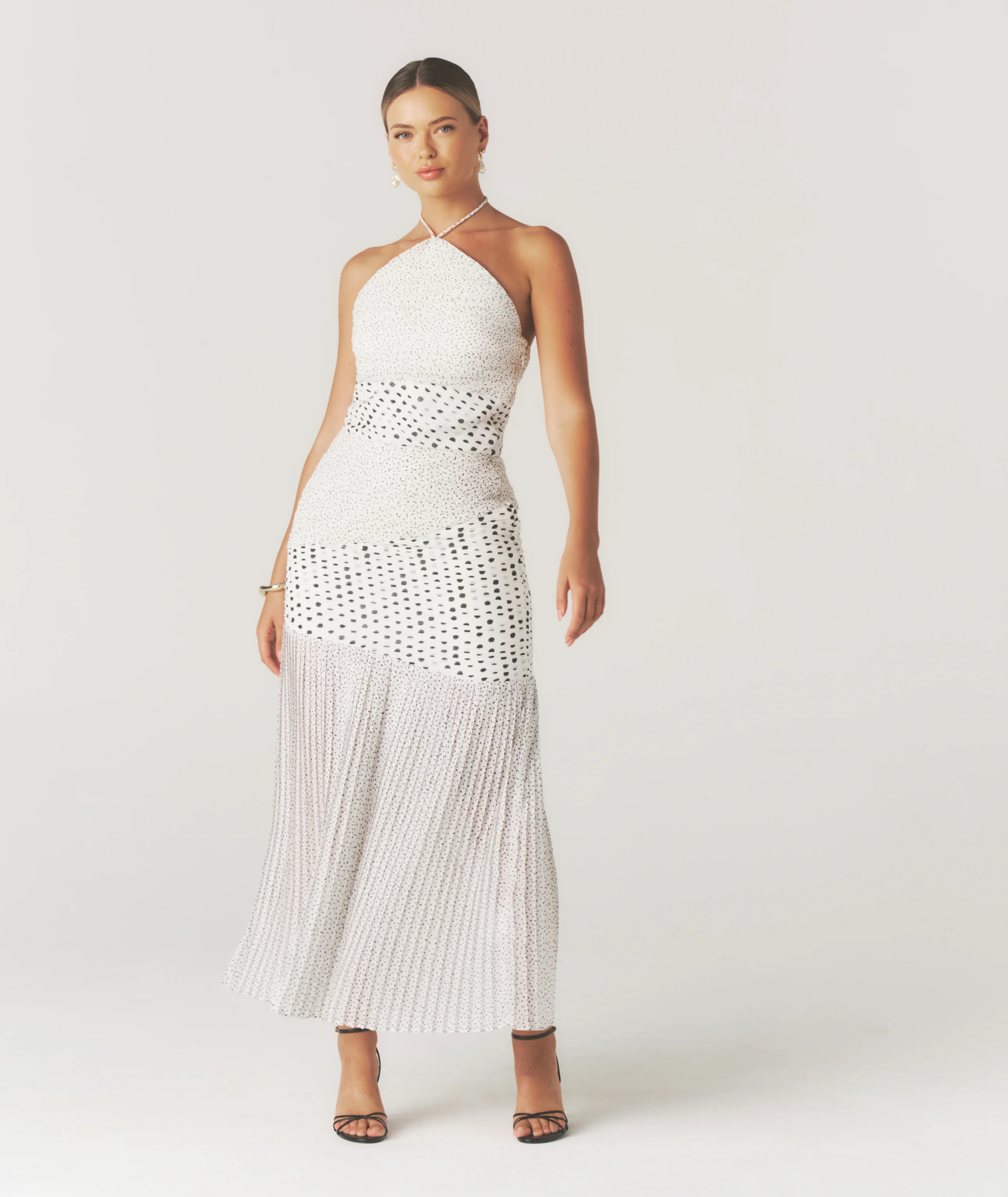 Polka Halter Neck Pleated Midaxi Dress - White | Six Stories