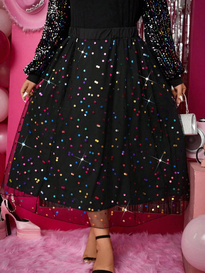 SHEIN Privé Plus Sequin Mesh Overlay Skirt | SHEIN