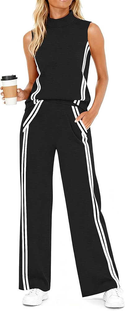 Casly Lamiit Womens 2 Piece Lounge Set Stripes Travel Outfits Sweatsuit Mock Neck Tank Top Wide L... | Amazon (US)