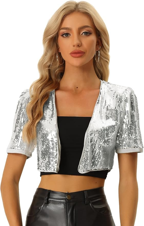 Allegra K Sequin Cardigan for Women's Open Front Jacket Christmas Sparkly Glitter Cropped Shrug B... | Amazon (US)