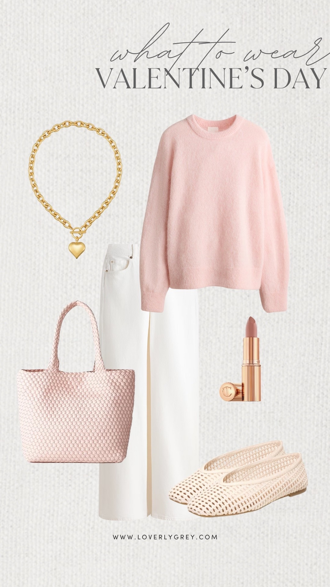 Loverly Grey, what to wear for Valentine’s Day! A simple long sleeve pink sweater paired with white pants and a gold heart necklace! Complete the look with flats and a cute pink bag! Loverly grey, what to wear, Valentine’s Day 

#LTKootd #LTKgrwm #LTKValentine