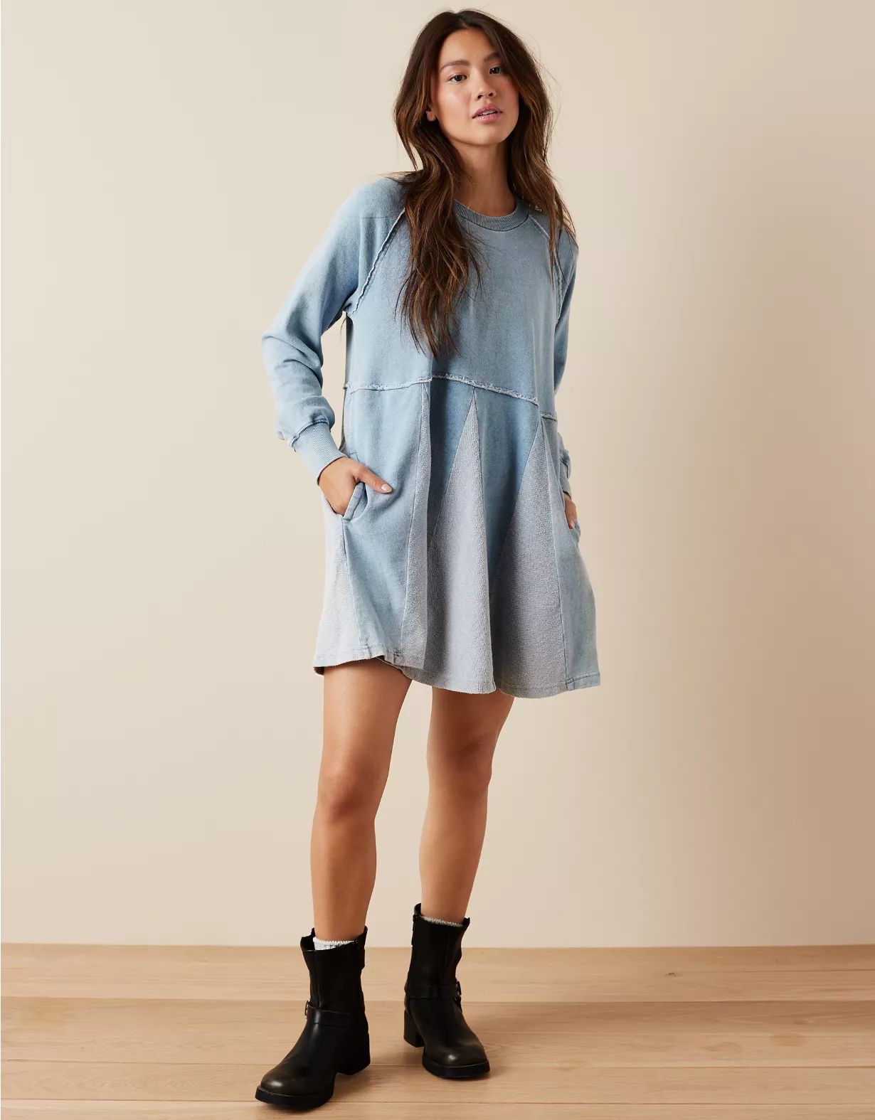 AE Fleece Long-Sleeve Babydoll Mini Dress | American Eagle Outfitters (US & CA)