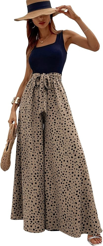 Yajedo Women's Jumpsuits Dressy Casual Summer Loose Wide Leg Tank Top Jumpsuit with Belt | Amazon (US)
